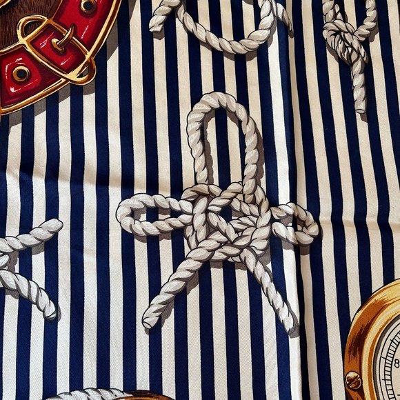 Ralph Lauren 35” Silk Scarf Nautical Anchor Club Rope Knots Red Stripe Vintage - Picture 3 of 6